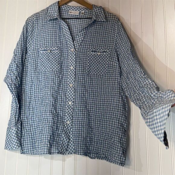 Rafaella XL Blue White Gingham Button Front Shirt Stretch Cotton Blouse Cottage - Picture 2 of 9